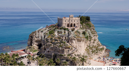 Sanctuary of Santa Maria dell Isola overlooking Tropea beach, Calabria, Italy 127660667