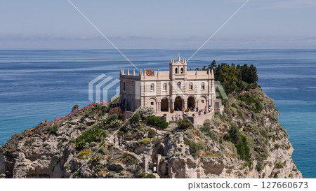 Sanctuary of Santa Maria dell Isola overlooking Tropea beach in Calabria, Italy 127660673