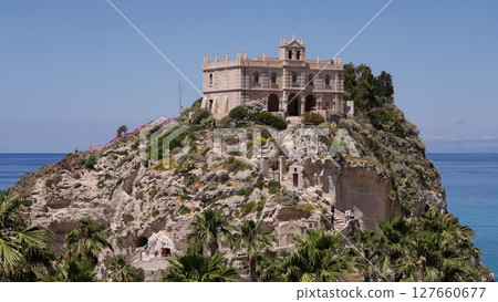 Sanctuary of Santa Maria dell Isola overlooking Tropea beach in Calabria, Italy Sanctuary of Santa Maria dell Isola overlooking Tropea beach in Calabria, Italy 127660677
