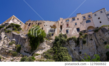 Houses Perched on Cliffside in Tropea, Calabria, Italy, Showing Architectural Beauty 127660682