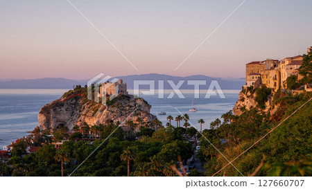 Sanctuary of Santa Maria dell Isola overlooking Tropea at sunset, Calabria, Italy Sanctuary of Santa Maria dell Isola overlooking Tropea at sunset, Calabria, Italy 127660707