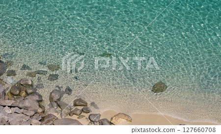 Crystal clear turquoise water gently lapping against rocks and sand in Tropea, Italy Crystal clear turquoise water gently lapping against rocks and sand in Tropea, Italy 127660708