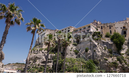 Tropea rising on a cliff with palm trees and ancient buildings under blue sky Tropea rising on a cliff with palm trees and ancient buildings under blue sky 127660718