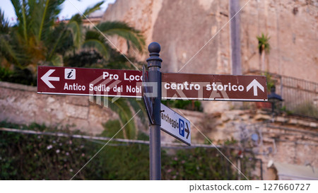 Street signs showing directions to different points of interest in Tropea, Italy Street signs showing directions to different points of interest in Tropea, Italy 127660727