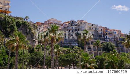 Tropea rising on a cliff overlooking the Tyrrhenian Sea in Calabria, Italy Tropea rising on a cliff overlooking the Tyrrhenian Sea in Calabria, Italy 127660729