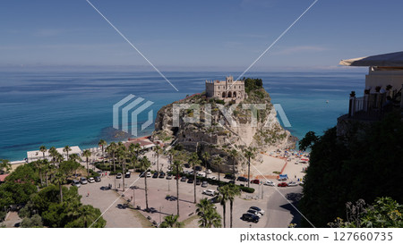 Sanctuary of Santa Maria dell Isola overlooking Tropea beach, Calabria, Italy 127660735