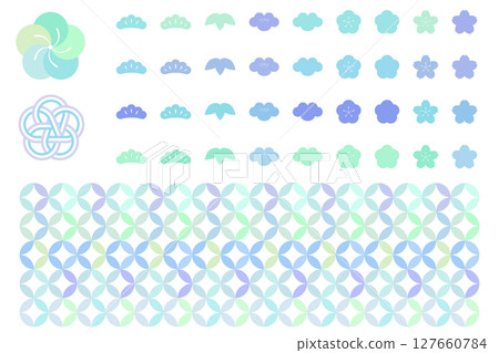 A set of Japanese-style illustrations with a refreshing summer theme: Pine, bamboo, plum, and Shippo patterns 127660784