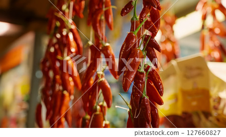 Hanging red chili peppers creating a vibrant display in Tropea, Italy Hanging red chili peppers creating a vibrant display in Tropea, Italy 127660827