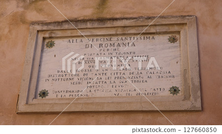 Commemorative plaque dedicated to the Virgin of Romania in Tropea, Italy Commemorative plaque dedicated to the Virgin of Romania in Tropea, Italy 127660850