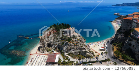 Sanctuary of Santa Maria dell'Isola overlooking Tropea beach, Calabria, Italy Sanctuary of Santa Maria dell'Isola overlooking Tropea beach, Calabria, Italy 127660885