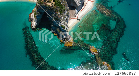 Aerial view of Sanctuary of Santa Maria dell'Isola, Tropea, Calabria, Italy, featuring turquoise Aerial view of Sanctuary of Santa Maria dell'Isola, Tropea, Calabria, Italy, featuring turquoise 127660888