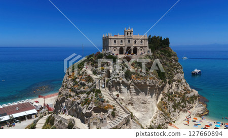 Sanctuary of Santa Maria dell'Isola overlooking Tropea Beach, Calabria, Italy 127660894