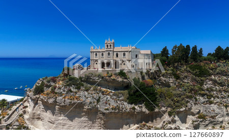 Sanctuary of Santa Maria dell'Isola Tropea overlooking turquoise Tyrrhenian Sea in Calabria, Italy 127660897