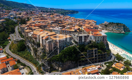 Tropea, Italy, aerial view of cityscape rising on a cliff overlooking Tyrrhenian Sea 127660898