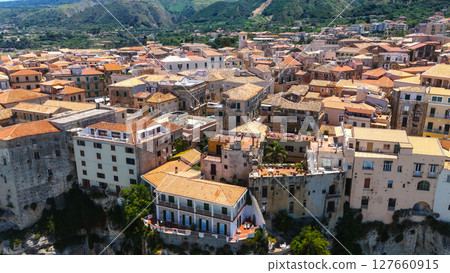 Aerial view of Tropea, picturesque town overlooking the Tyrrhenian Sea in Calabria, Italy Aerial view of Tropea, picturesque town overlooking the Tyrrhenian Sea in Calabria, Italy 127660915