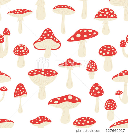 Mushroom Seamless Pattern, Red Amanita Background, Vector Illustration. Woodland Nature Decor, Forest Texture, Autumn Graphic Print, Fairy Tale Fabric, Organic Wallpaper, Magic Botanical Design 127660917