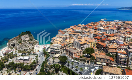 Tropea, Calabria, aerial view of cityscape touching Tyrrhenian sea with Santa Maria dell'Isola 127661007