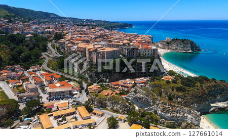 Tropea, Italy, aerial view of ancient town on cliff overlooking Tyrrhenian Sea Tropea, Italy, aerial view of ancient town on cliff overlooking Tyrrhenian Sea 127661014