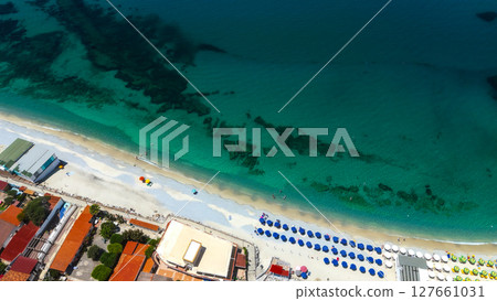 Aerial view of Tropea beach and crystal clear turquoise water, Calabria, Italy 127661031