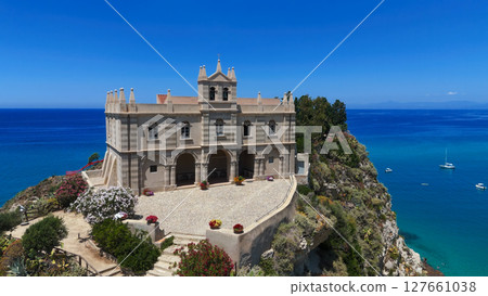 Santa Maria dell'Isola sanctuary overlooking Tropea beach in Calabria, Italy Santa Maria dell'Isola sanctuary overlooking Tropea beach in Calabria, Italy 127661038