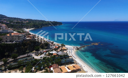 Tropea, Calabria, aerial view of beautiful coastline, beaches and turquoise sea 127661042
