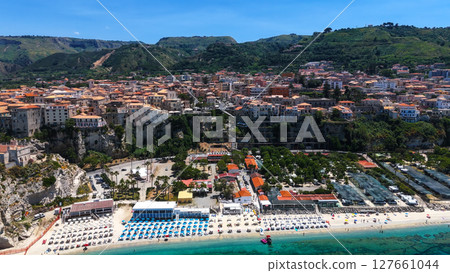 Tropea, Calabria, aerial view of cityscape and beach during summer 127661044