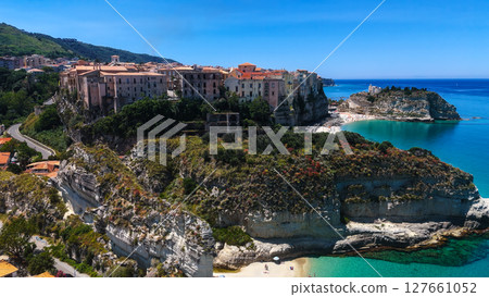 Tropea, Italy overlooking turquoise Tyrrhenian Sea during sunny summer day Tropea, Italy overlooking turquoise Tyrrhenian Sea during sunny summer day 127661052