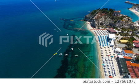 Aerial view of Tropea beach and turquoise Tyrrhenian Sea in Calabria, Italy Aerial view of Tropea beach and turquoise Tyrrhenian Sea in Calabria, Italy 127661073