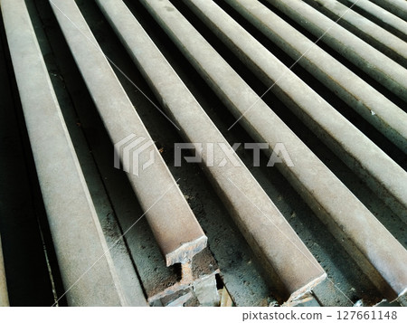 Railway track material steel image with selective focus Railway track material steel image with selective focus 127661148