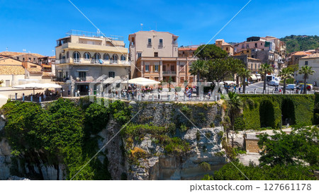 Tourists enjoying panoramic view of Tropea, Calabria, Italy 127661178