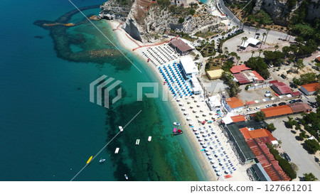 Aerial view of Tropea beach, Calabria, showing crystal clear turquoise water and Isola Bella Aerial view of Tropea beach, Calabria, showing crystal clear turquoise water and Isola Bella 127661201