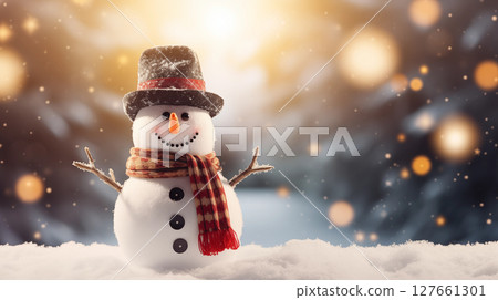 Christmas snowman with carrot nose, top hat, and red scarf standing in snowy landscape with glowing festive lights in background. Cheerful holiday scene. Winter joy. 127661301