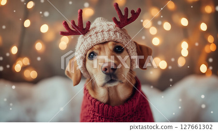 Christmas dog wearing antler hat and red sweater, sitting in cozy festive setting with glowing lights and falling snow. Adorable holiday pet portrait. Winter charm. 127661302