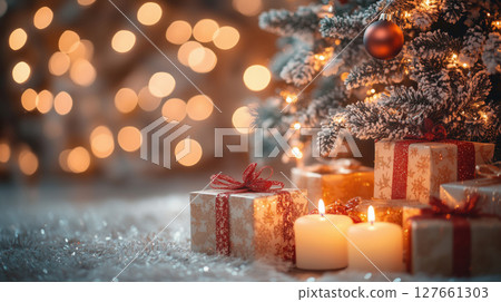 Christmas gifts with red ribbons under decorated snowy tree, glowing candles and festive lights create warm and cozy holiday atmosphere. Celebration and magic. 127661303
