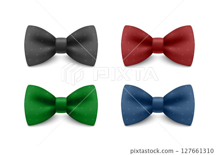 Bow Tie Set, Vector Illustration. Elegant Classic Accessory for Men, Formal Attire, Wedding Style, Realistic Fashion Icons. Colorful Neckties Collection for Business and Special Occasion Design 127661310