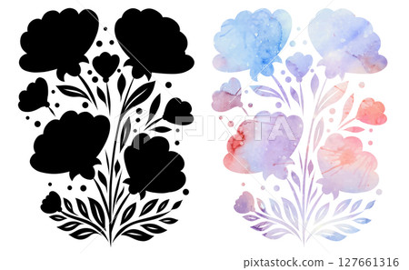 Vector set of floral bouquet clip arts. Collection of black and watercolor stylized flowers with leaves. 127661316