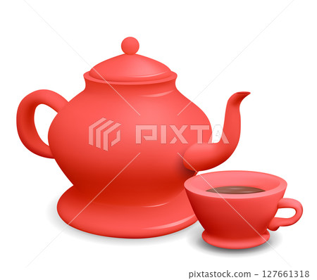 Vector 3d illustration red porcelain teapot with cup on isolated from background. Realistic image of kitchenware. Kettle and cup Vector 3d illustration red porcelain teapot with cup on isolated from background. Realistic image of kitchenware. Kettle and cup 127661318