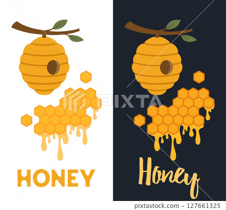 Vector set of vertical banner on the theme of beekeeping. Collection of cards with beehive, honeycombs and lettering in vector flat style Vector set of vertical banner on the theme of beekeeping. Collection of cards with beehive, honeycombs and lettering in vector flat style 127661325