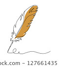 Continuous line drawing of writing quill feather pen. Minimalist black linear sketch isolated on white background. Hand drawn vector illustration. 127661435