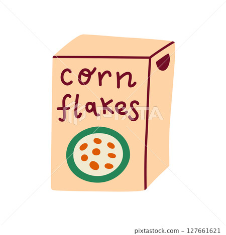Flat cartoon vector illustration of doodle corn flakes breakfast packaging. Fun colorful design for food labels, kids cereal boxes, morning meals, grocery branding, healthy eating t icon 127661621