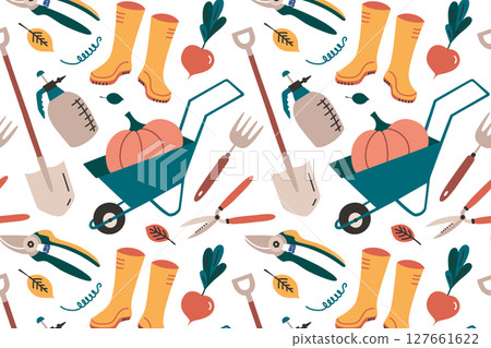 Flat cartoon vector illustration pattern with gardening tools and vegetables. Pumpkin in wheelbarrow, rubber boots, shovels and sprayers in seamless design for packaging, textile, eco and hobby themes 127661622