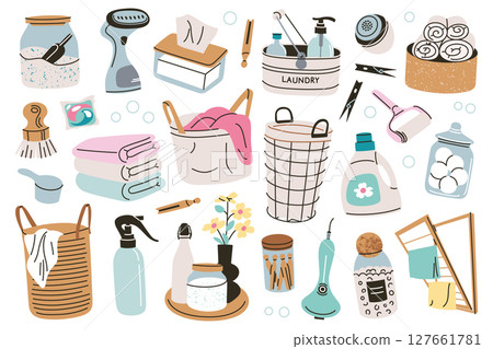 Flat cartoon vector illustration of home laundry and cleaning accessories. Baskets, detergents, fabric softeners set, drying racks and tools for housework, household care collection 127661781