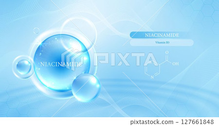 Blue glowing niacinamide molecule with chemical structure and Vitamin B3 label, perfect for skincare, cosmetic, facial treatment, beauty advertising, and anti-aging product background. Blue glowing niacinamide molecule with chemical structure and Vitamin B3 label, perfect for skincare, cosmetic, facial treatment, beauty advertising, and anti-aging product background. 127661848