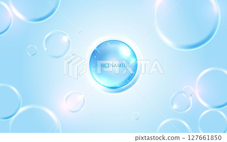 Bubble Niacinamide molecule glowing in blue serum bubble. Skincare concept for beauty, facial treatment, anti-aging, cosmetics, and dermatology products with radiant and clean background. Vector. 127661850