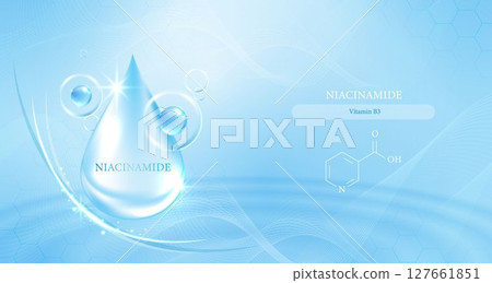 Bright blue serum drop with niacinamide molecule, glowing hydration bubbles, skincare essence concept, realistic cosmetic ad design, anti-aging beauty background for facial treatment products. 127661851