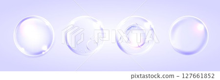 Realistic transparent soap bubbles with light reflections on a soft purple background. Perfect for skincare, cleaning, cosmetic, or freshness concepts in advertising and design. 127661852