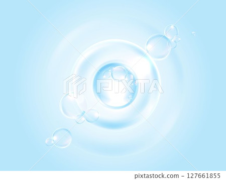 Realistic transparent soap bubbles with light reflections on a soft blue background. Perfect for skincare, cleaning, cosmetic, or freshness concepts in advertising and design. 127661855