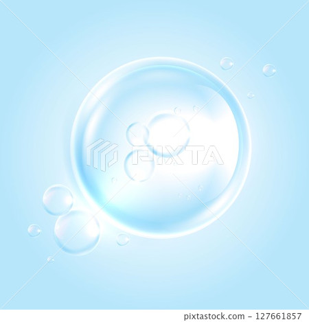 Realistic transparent soap bubbles with light reflections on a soft blue background. Perfect for skincare, cleaning, cosmetic, or freshness concepts in advertising and design. Realistic transparent soap bubbles with light reflections on a soft blue background. Perfect for skincare, cleaning, cosmetic, or freshness concepts in advertising and design. 127661857