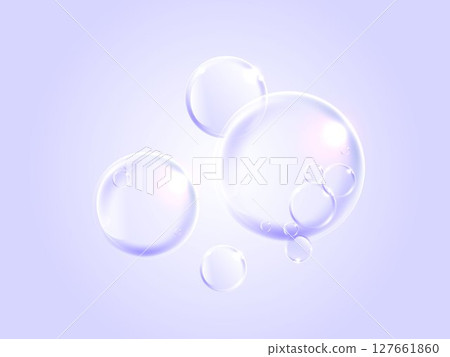 Realistic transparent soap bubbles with light reflections on a soft purple background. Perfect for skincare, cleaning, cosmetic, or freshness concepts in advertising and design. 127661860