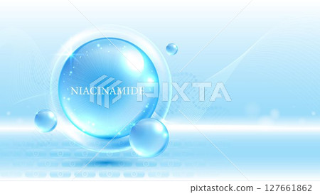 Bubble Niacinamide molecule glowing in blue serum bubble. Skincare concept for beauty, facial treatment, anti-aging, cosmetics, and dermatology products with radiant and clean background. Vector. 127661862